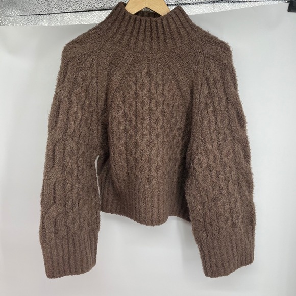 EXPRESS Mock Neck Cable Knit Fuzzy Sweater Brown Neutral Size M - Picture 2 of 8